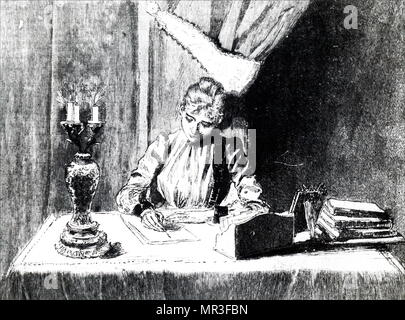 Illustration depicting a young woman writing a letter whilst sitting at her desk. Dated 19th century