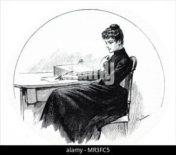 Illustration depicting a young woman writing a letter whilst sitting at her desk. Dated 19th century