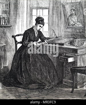 Illustration depicting a young woman using a writing slope as she writes her letter. Illustrated by Matthew White Ridley (1837-1888) a British artist. Dated 19th century