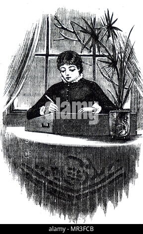 Illustration depicting a young woman writing a letter whilst sitting at her desk, using a writing slope. Dated 19th century