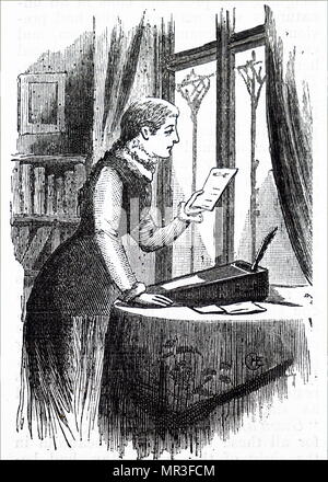 Illustration depicting a young woman writing a letter using a writing slope. Dated 19th century