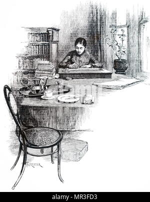 Illustration depicting a young woman writing a letter whilst sitting at her desk, using a writing slope. Dated 19th century