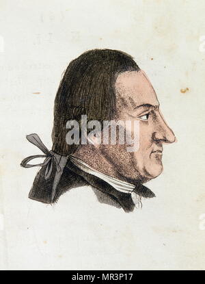 Illustration of a man from 'The Portable Lavater or precise the art of knowing men by the facial features' 1808 by Johann Kaspar Lavater (1741 – 1801). Lavater was a Swiss poet, writer, philosopher, physiognomist and theologian. Lavater is most known for his work in the field of physiognomy. He introduced the idea that physiognomy related to the specific character traits of individuals, rather than general types. Stock Photo