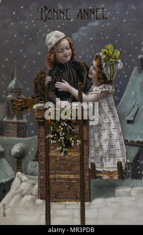 French Happy New Year, postcard depicting two children above a rooftop as snow falls at Christmas. 1900 Stock Photo
