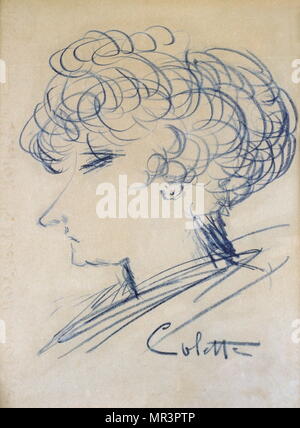 Self-portrait in blue crayon by Colette (1873 – 1954), a French novelist nominated for the Nobel Prize in Literature in 1948 Stock Photo