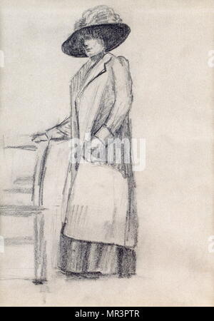 Elegant Woman, pencil and crayon, circa 1900, by Colette (1873 – 1954), a French novelist nominated for the Nobel Prize in Literature in 1948 Stock Photo