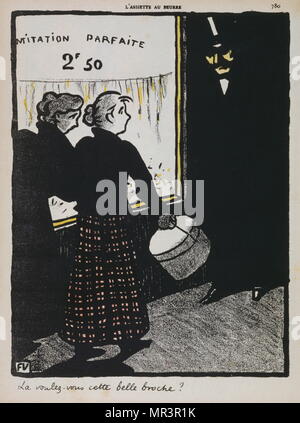 Caricature by French artist, Felix Valloton. Félix Edouard Valloton (1865 – 1925) was a Swiss/French painter and printmaker associated with the Nabis school of art. original lithograph. Published in Paris in 1902 for L'Assiette au Beurre. Printed on wove paper for a special issue of L'Assiette au Beurre. A gentleman watches two young women, in front of a jeweller's shop, L'Assiette was an illustrated, French, weekly satirical magazine, with anarchist political leanings; between 1901 and 1912 Stock Photo