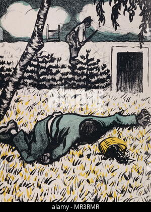 A farmer has just killed a surprised vagabond stealing plums in his orchard. Caricature by French artist, Felix Valloton. Félix Edouard Valloton (1865 – 1925) was a Swiss/French painter and printmaker associated with the Nabis school of art. original lithograph. Published in Paris in 1902 for L'Assiette au Beurre. Printed on wove paper for a special issue of L'Assiette au Beurre, on the theme of Crimes et Chatiments (Crime and Punishment). Stock Photo
