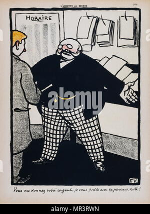 cartoon depicting a conversation between a businessman and a client. 'You give me your money, I lend you my experience, that's it!' Caricature by French artist, Felix Valloton. Félix Edouard Valloton (1865 – 1925) was a Swiss/French painter and printmaker associated with the Nabis school of art. original lithograph. Published in Paris in 1902 for L'Assiette au Beurre.  French, weekly satirical magazine, with anarchist political leanings; between 1901 and 1912 Stock Photo