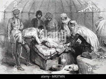 Illustration depicting plastic surgery being performed on a woman who had fallen into fire and burnt her face around her eyes. Dated 19th century Stock Photo