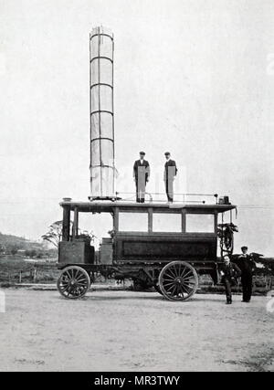 Photograph of a mobile radio station used by Guglielmo Marconi.  Guglielmo Marconi (1874-1937) an Italian inventor and electrical engineer known for his pioneering work on long-distance radio transmission and for his development of Marconi's Law and a radio telegraph system. Dated 20th century Stock Photo