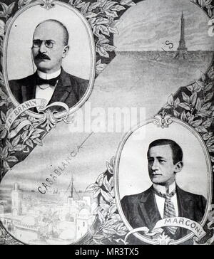 Illustration depicting Édouard Branly (1844-1940) and Guglielmo Marconi (1874-1937) the two men responsible for the wireless telegraph link between Paris and Casablanca. Dated 20th century Stock Photo