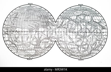 Chart depicting Mars prepared by Giovanni Schiaparelli. Giovanni Schiaparelli (1835-1910) an Italian astronomer and science historian. Dated 19th century Stock Photo