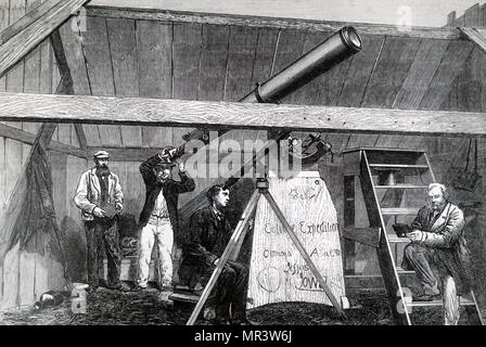 Engraving depicting the Canadian Eclipse Expedition preparing to observed the total eclipse of 1869 from Jefferson City, Iowa. Dated 19th century Stock Photo