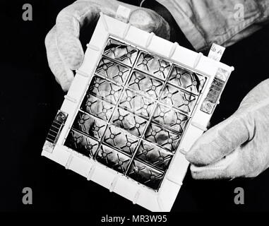 Photograph of a wafer-thin solar thermoelectric panel which was put into orbit from Vandenberg Air Force Base in California aboard the Thor-Agena. Dated 20th century Stock Photo