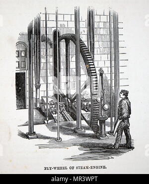 Illustration depicting a fly-wheel and governor of steam engine. Dated 19th century Stock Photo