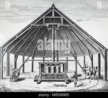 Diagram depicting a mill used for crushing sugar cane with the use of mules. Dated 18th century Stock Photo