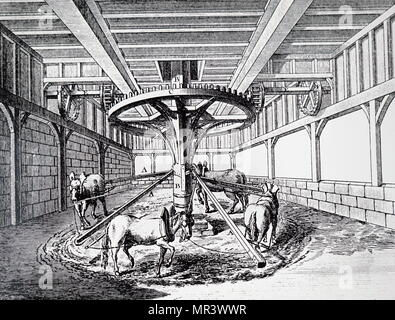 Engraving depicting horses providing power for a hoist and a grinding mill on the floor above. Dated 18th century Stock Photo