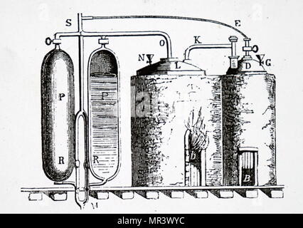 Diagram depicting Thomas Savery's steam engine of 1699 for pumping water from mines. Double furnace (right) with boilers, whose steam passes to cylinders (PP) It is next cooled, which causes partial vacuum (PP) that sucks up water through pipe M. Thomas Savery (1650-1715) an English inventor and engineer. Dated 19th century Stock Photo