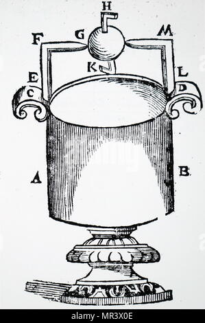 Engraving depicting an Aeolipile, a simple bladeless radial steam ...