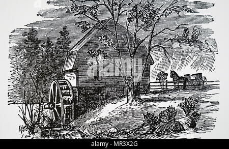 Engraving depicting a rural water-powered flour mill. Dated 19th century Stock Photo