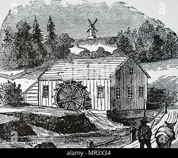 Engraving depicting a rural water-powered flour mill. Dated 19th century Stock Photo