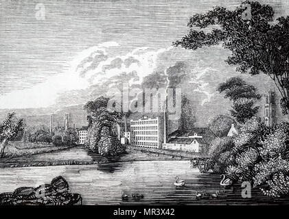 Engraving depicting Sir Thomas Lombe's silk mill on the river Derwent at Derby. This was the first water-powered textile mill in Britain (circa. 1720) and preceded Arkwright's by 50 years. Thomas Lombe (1685-1739) an English merchant and developer of machinery for silk throwing. Dated 19th century Stock Photo