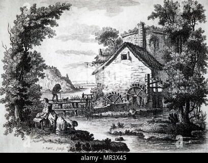 Engraving depicting a man carrying a sack of corn over a wooden bridge to a water-driven mill for it to be ground into flour, while women do the washing on the river bank. Engraved by John June, an English engraver. Dated 18th century Stock Photo