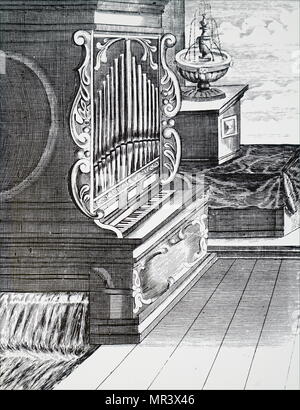 Engraving depicting a fountain and a water-powered organ. Dated 18th century Stock Photo