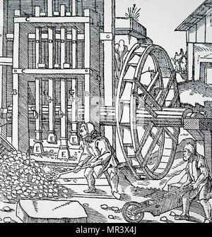 Engraving depicting a stamping mill powered by an undershot water wheel. Dated 16th century Stock Photo