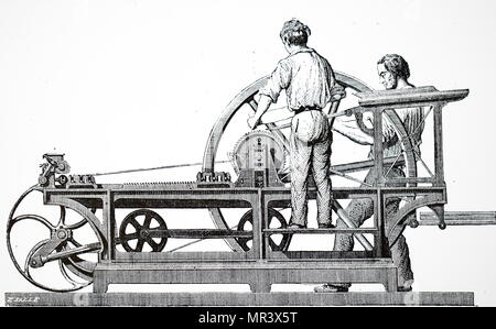 Engraving depicting a French double cylinder book printing press with set-off and paper folding apparatus. Dated 19th century Stock Photo