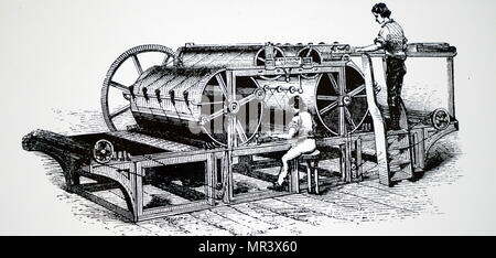 Engraving depicting Augustus Applegath's double cylinder perfecting machine. Augustus Applegath (1788-1871) an English printer and inventor known for developing the first workable vertical-drum rotary printing press. Dated 19th century