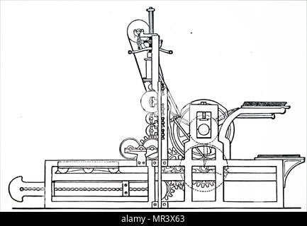 Engraving depicting Friedrich Koenig's mechanical cylinder printing press of 1813. Friedrich Koenig (1774-1833) a German inventor best known for his high-speed steam-powered printing press. Dated 19th century Stock Photo