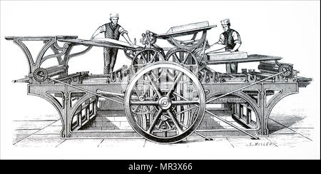 Engraving depicting a French double cylinder book printing press with set-off and paper folding apparatus. Dated 19th century Stock Photo