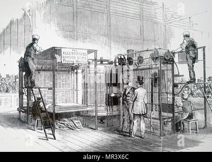 Engraving depicting Augustus Applegath's vertical cylinder printing machine. Augustus Applegath (1788-1871) an English printer and inventor known for developing the first workable vertical-drum rotary printing press. Dated 19th century