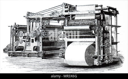 Engraving depicting Richard March Hoe's six cylinder printing press. Richard March Hoe (1812-1886) an American inventor from New York City who designed a rotary printing press and related advancements. Dated 19th century Stock Photo