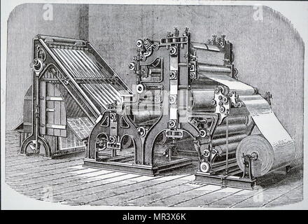 Engraving depicting the Walter rotary press, installed for printing The Times in 1866. Two such machines, each producing 11,000 copies per hour, could be operated by an overseer and six unskilled men. Dated 19th century