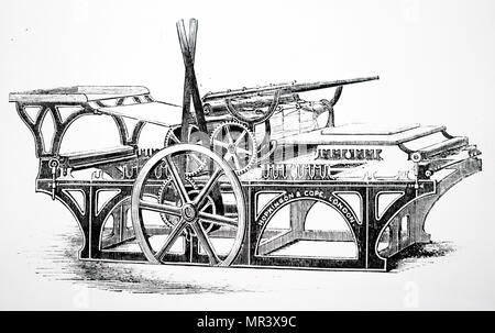 Engraving depicting Augustus Applegath's double cylinder perfecting machine. Augustus Applegath (1788-1871) an English printer and inventor known for developing the first workable vertical-drum rotary printing press. Dated 19th century