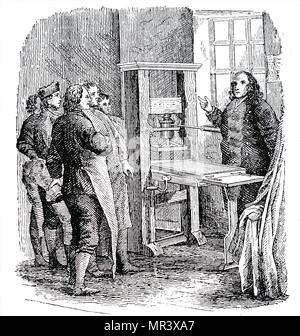 Illustration depicting Benjamin Franklin with the printing press he used in London and which is now preserved in America. Benjamin Franklin (1706-1790) one of the Founding Fathers of the United States, polymath, author, printer, political theorist, politician, freemason and postmaster. Dated 19th century Stock Photo
