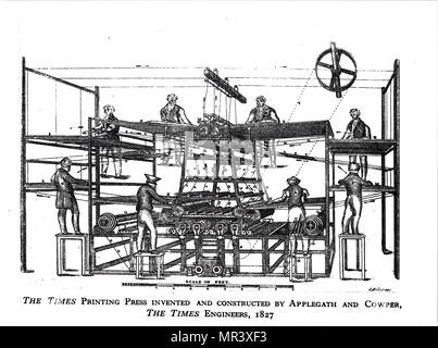 Engraving depicting The Times printing machine developed by Augustus Applegath. Augustus Applegath (1788-1871) an English printer and inventor known for developing the first workable vertical-drum rotary printing press. Dated 19th century