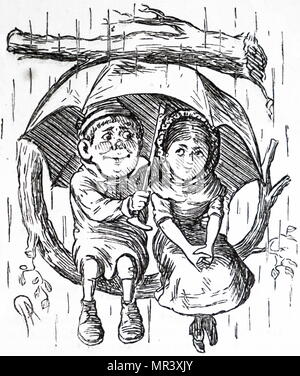 Cartoon depicting a young boy and girl sitting under his umbrella, sheltering themselves from the rain. Dated 19th century Stock Photo