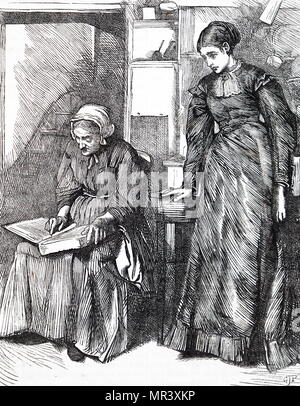 Engraving depicting an elderly woman reading to her granddaughter. Dated 19th century Stock Photo