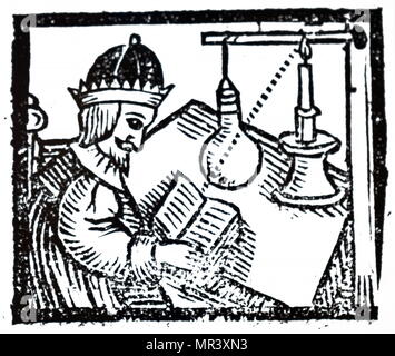 Woodblock print depicting the increasing power of a candle by passing the light through a water-filled glass globe which acted as a condenser. Dated 17th century Stock Photo