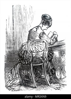 Etching depicting a young girl sitting in a large arm chair reading her ...