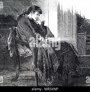 Etching depicting a young girl sitting in a large arm chair reading her ...