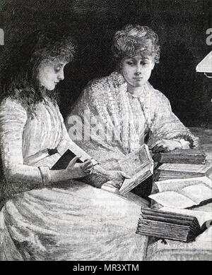 Illustration depicting young ladies spending a quiet afternoon reading. Dated 19th century Stock Photo