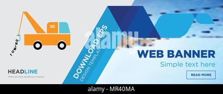 tow truck concept horizontal webpage banner template design on abstract background with flat modern isolated vector icon and geometric shapes. Stock Vector