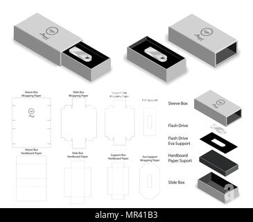 rigid box for flash drive packaging die-cut mockup Stock Vector