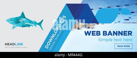 sharks concept horizontal webpage banner template design on abstract background with flat modern isolated vector icon and geometric shapes shapes Stock Vector