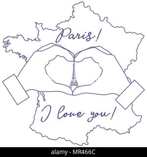 Hand making a heart shape. Tower, symbol of Paris. The inscription Paris I love you. Travel and leisure. Stock Vector